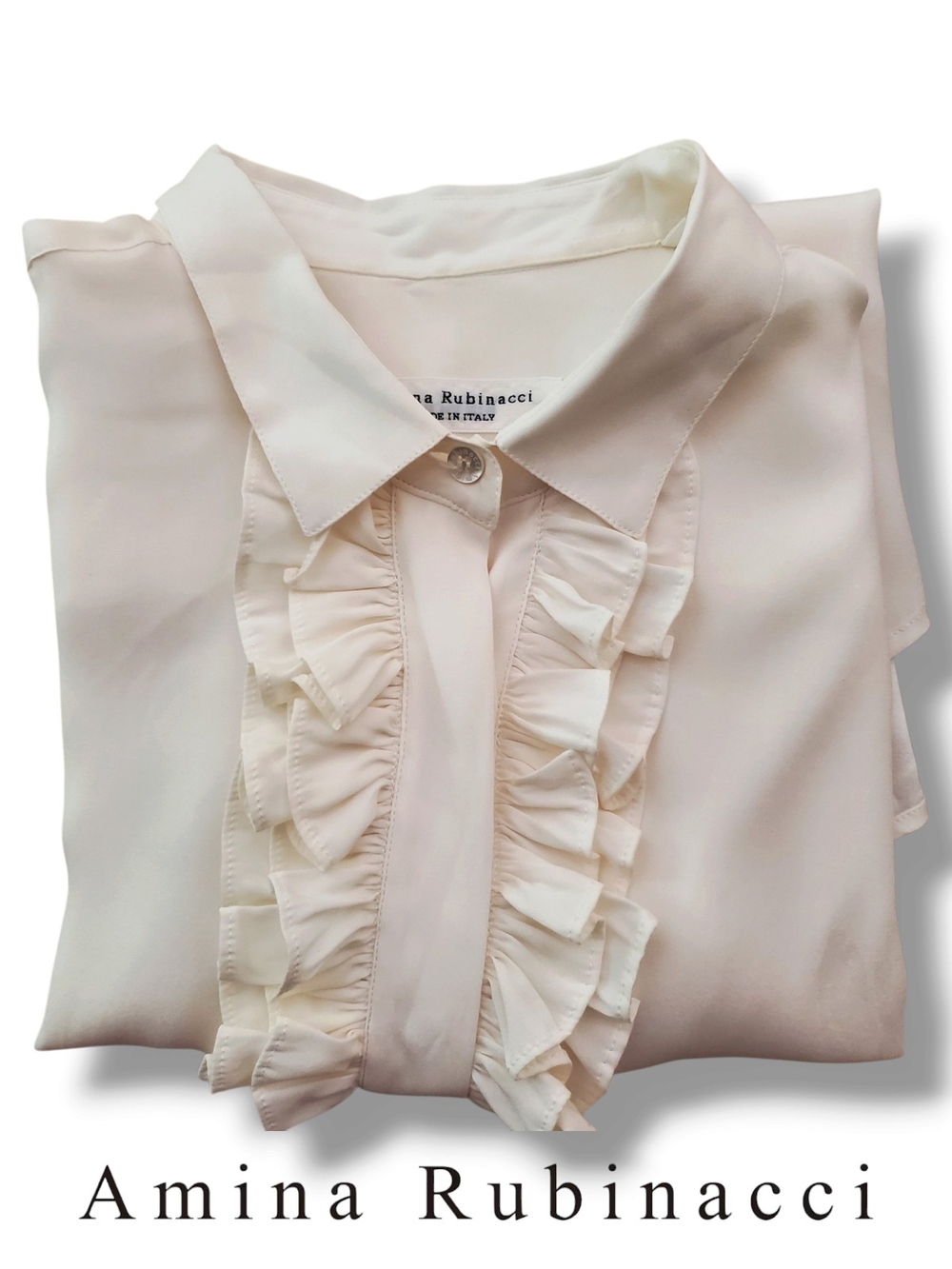 Amina Rubinacci Italy Cream Ruffle Silk Blend Blouse Top IT 48 US 12 - Picture 11 of 11
